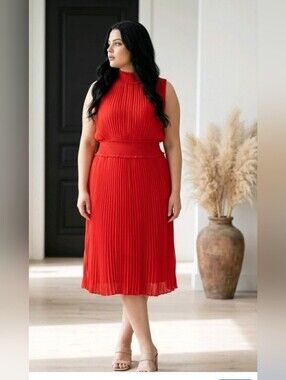 Nanette Lepore Red Pleated Midi Dress Sz 10 Smocked High Neck Wedding Guest NWT